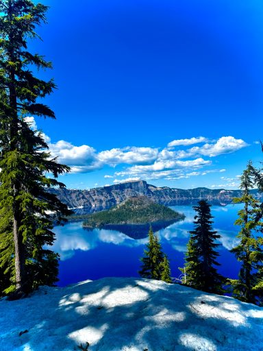 Crater Lake surrounded by evergreen trees under a bright blue sky with fluffy clouds.
